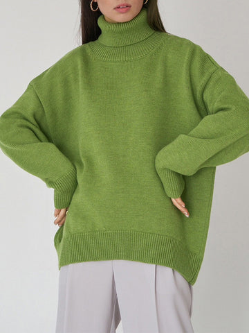 High-Low Long Sleeves Solid Color Split-Joint High Neck Sweater Tops