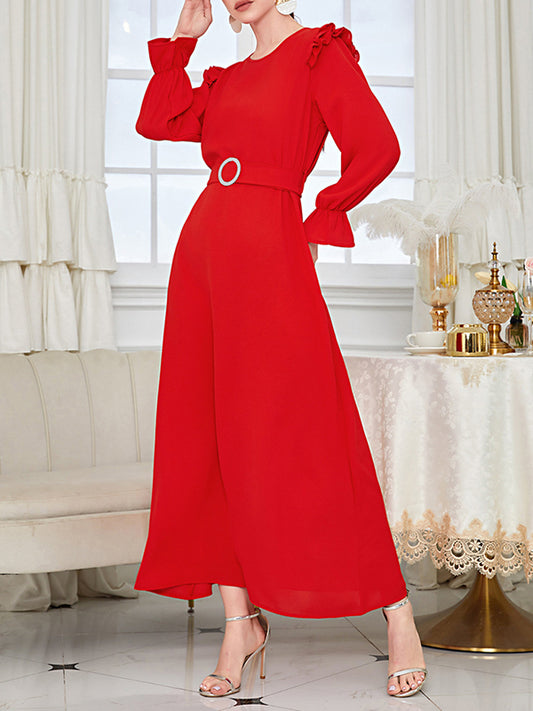 Ruffle Sleeves Belted Solid Color Round-Neck Maxi Dresses