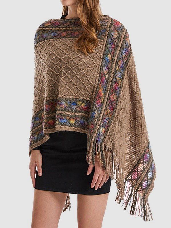 Loose Asymmetric Tasseled V-Neck Cape Shawl&Cloak