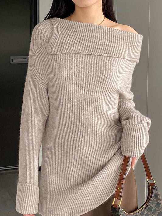 Long Sleeves Loose Solid Color Off-The-Shoulder Knitwear Pullovers Sweater