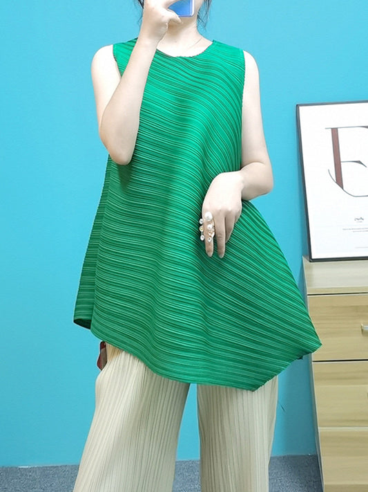 Irregular Clipping Loose Pleated Solid Color Round-Neck Vest Top