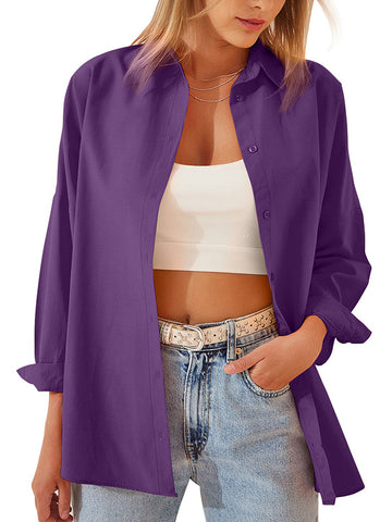 Long Sleeves Loose Buttoned Solid Color Lapel Blouses&Shirts Tops