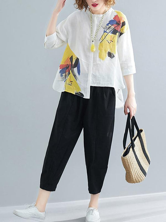 Printed Shirt + Solid Wide Leg Pants