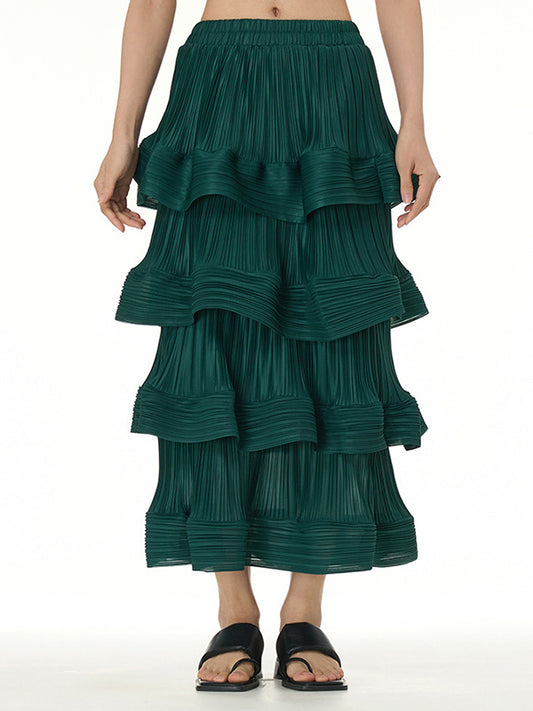 Loose Elasticity Layered Pleated Ruffled Solid Color Skirts Bottoms