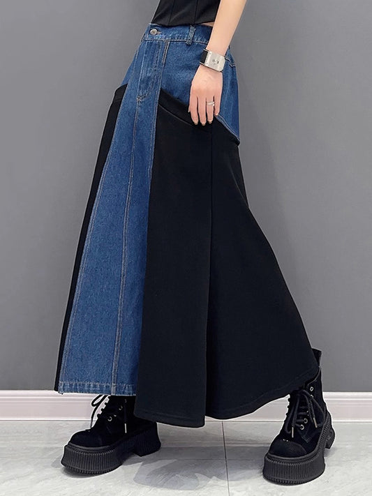 A-Line Loose Buttoned Contrast Color Split-Joint Denim Skirts Bottoms