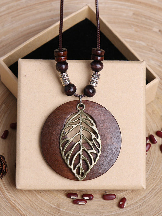 Original Vintage Wood Alloy Leaf Necklace