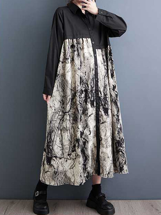 A-Line Long Sleeves Asymmetric Buttoned Printed Split-Joint Lapel Midi Dresses Shirt Dress