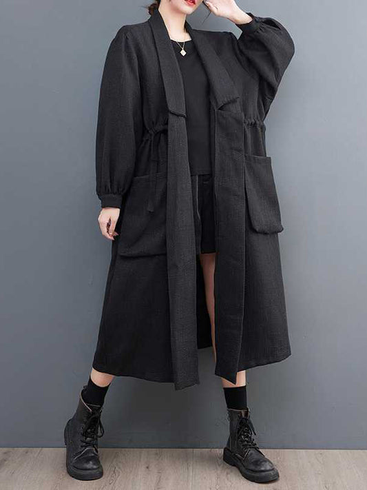 Long Sleeves Loose Drawstring Pockets Lapel Trench Coats