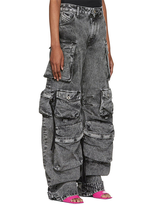 Loose Pleated Pockets Split-Joint Streamer Jean Pants Bottoms