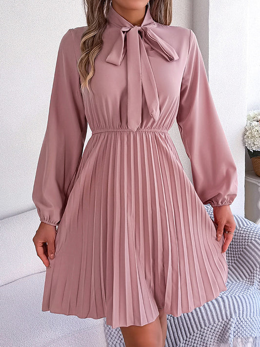 Long Sleeves Loose Pleated Solid Color Tied Mock Neck Mini Dresses