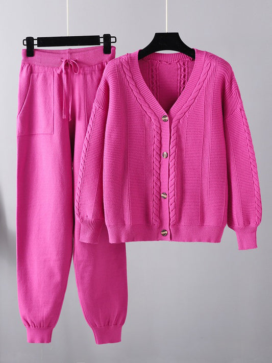 Casual Loose Solid Color Long Sleeves V-Neck Cardigan Tops& Drawstring Pants Suits