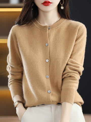 Long Sleeves Buttoned Elasticity Round-Neck Cardigan Tops Knitwear