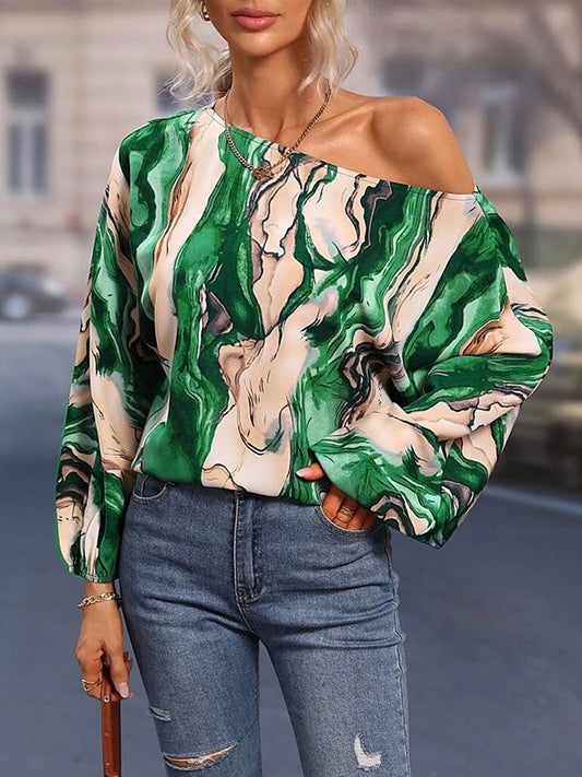 Long Sleeves Loose Asymmetric Printed One-Shoulder Blouses&Shirts Tops