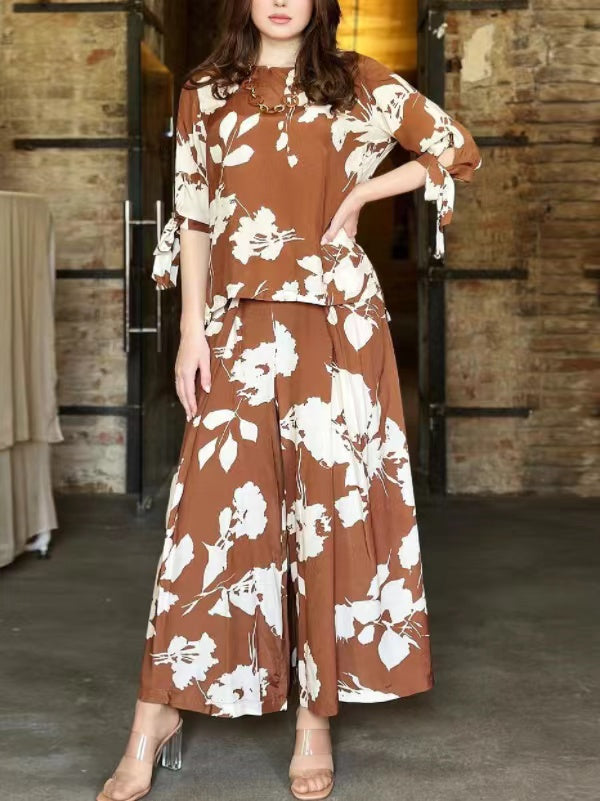 Flower Print Round-Neck Tied T-Shirt&Wide Leg Pants Two Pieces Set