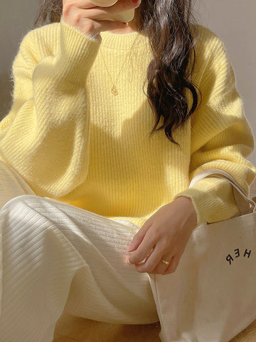 Long Sleeves Loose Solid Color Round-Neck Pullovers Sweater Tops