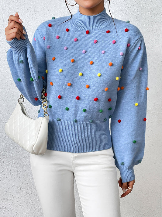 Long Sleeves Loose Pompom Triming Round-Neck Knitwear Pullovers Sweater Tops