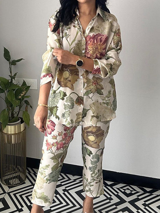 Long Sleeves Buttoned Flower Print Lapel Shirts Top + Ninth Pants Pants Bottom Two Pieces Set