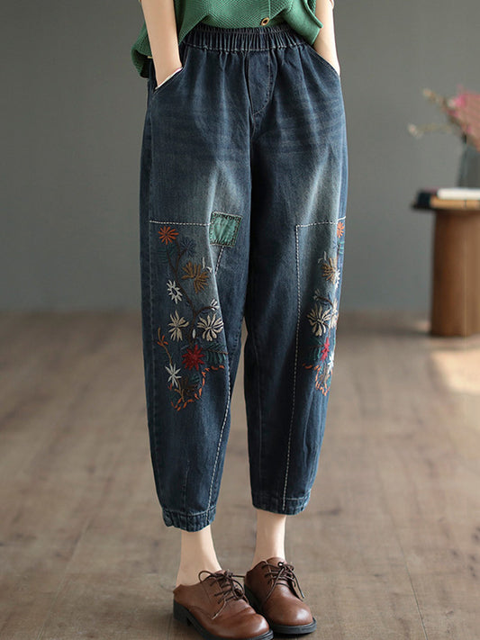 Vintage Loose Embroidered Elasticity Harem Jean Pants Bottoms