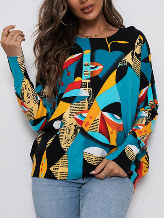 Long Sleeves Figure Printed Round-Neck Knitwear Pullovers Sweater Tops