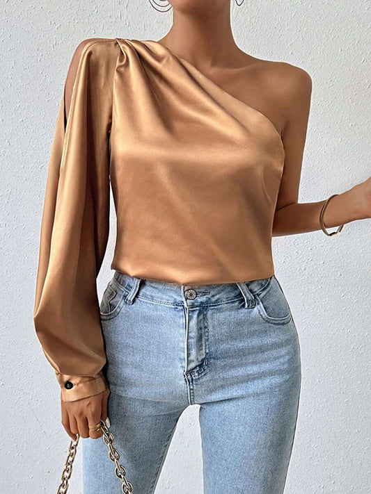 Loose Puff Sleeves Hollow Pleated Solid Color One-Shoulder Blouses