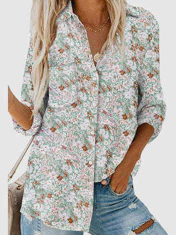 High-Low Long Sleeves Buttoned Flower Print Pockets Lapel Blouses&Shirts Tops