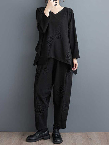 Long Sleeves Asymmetric Solid Color Split-Joint V-Neck T-Shirts Top + Harem Pants Elasticity Pants Bottom Two Pieces Set