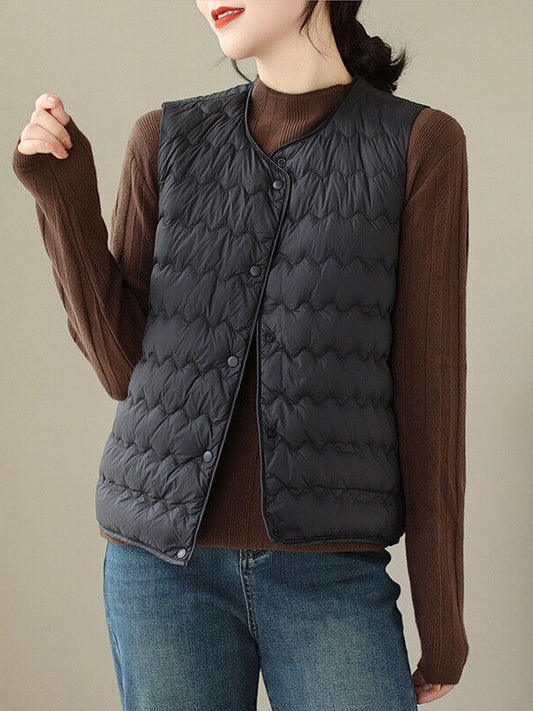 Loose Sleeveless Buttoned Quilted Solid Color Round-Neck Padded Vest