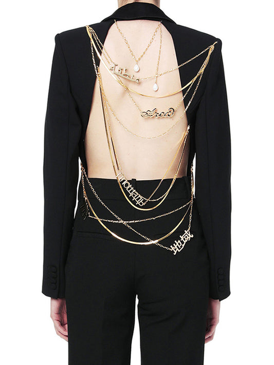 Long Sleeves Backless Chains Notched Collar Blazer Outerwear