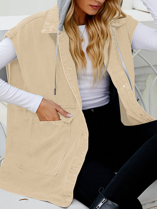 Loose Sleeveless Buttoned Detachable Hooded Pockets Split-Joint Lapel Collar Vest Outerwear