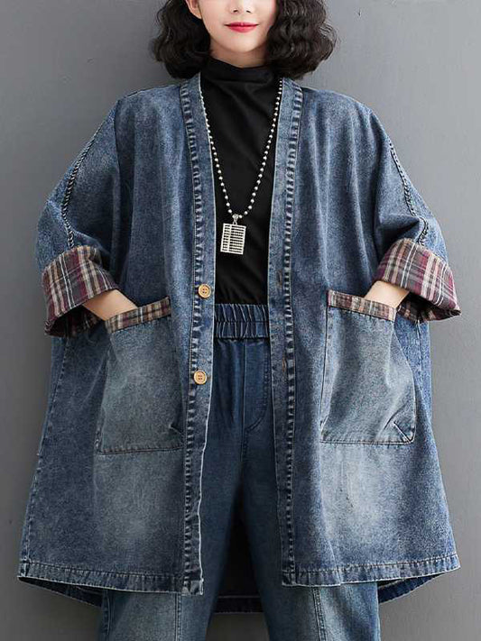 Long Sleeves Loose Buttoned Plaid Pockets Split-Joint V-Neck Denim Outerwear