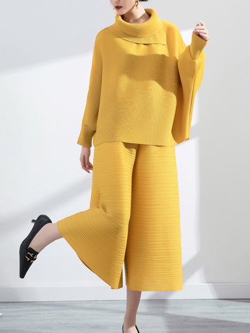 Simple Loose Long Sleeves Pleated Solid Color High-Neck T-Shirt Top&Wide Legs Pants Two Pieces Set