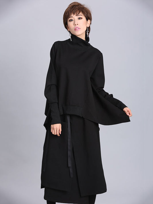 Solid Color Asymmetric High-Neck Loose Batwing Sleeve Sweatshirt