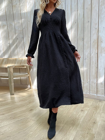 A-Line Long Sleeves Buttoned Elasticity Solid Color Split-Side V-Neck Midi Dresses