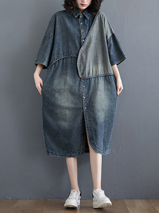 Denim Split-Joint Plus Size Half Sleeve Lapel Shirt Dress