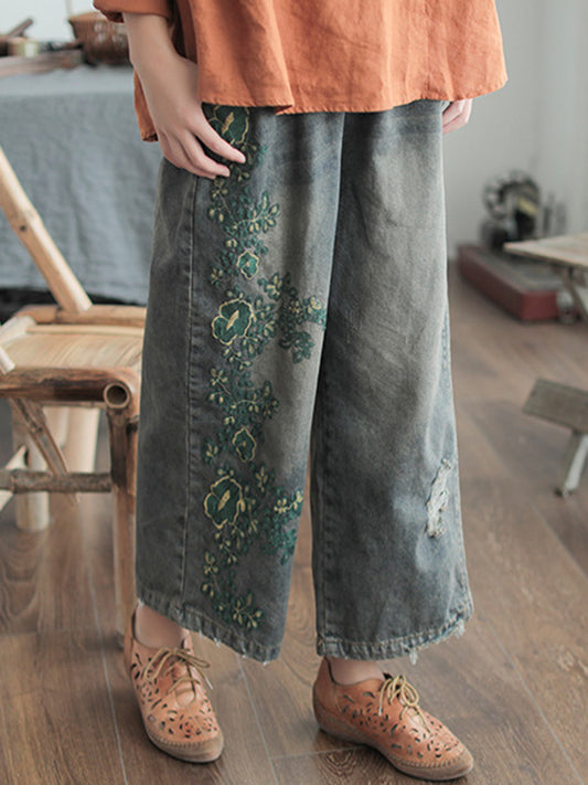 Original Embroidered Wide-Leg Column Jean Pants