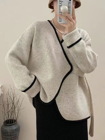 Long Sleeves Loose Split-Joint V-Neck Cardigan Tops