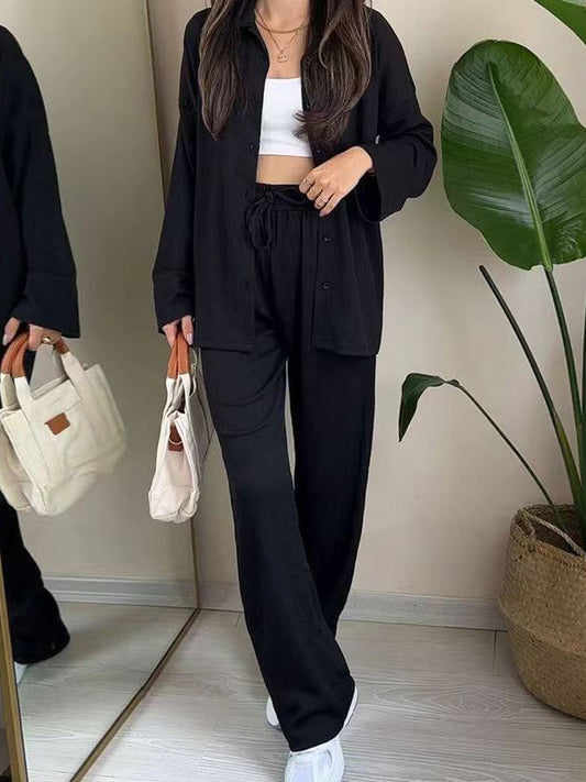 Solid Color High-Low Split-Side Lapel Blouses + High Waisted Pants Bottom Two Pieces Set