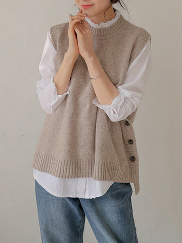 Simple Sleeveless Loose Buttoned Solid Color Round-Neck Sweater Vest Outerwear