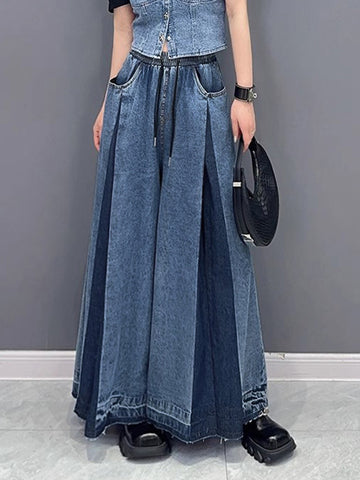 Loose Wide Leg Contrast Color Drawstring Fringed Pockets Jean Pants Bottoms