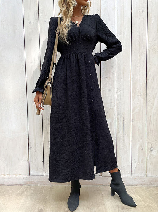 A-Line Long Sleeves Buttoned Elasticity Solid Color Split-Side V-Neck Midi Dresses