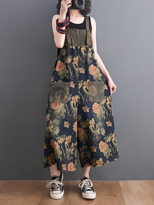 Oversize Wide Leg Floral Printed Split-Joint Overalls