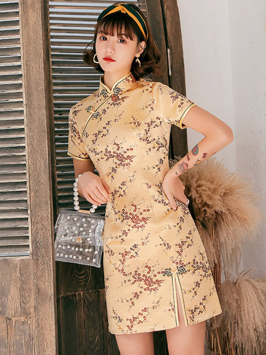 Plum Blossom Print Stand Collar Short Cheongsam