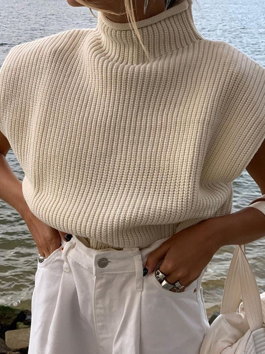 Casual Cap Sleeve Solid Color High-Neck Sweater Tops Pullovers