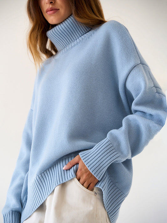 Long Sleeves Loose Solid Color High Neck Knitwear Pullovers Sweater Tops