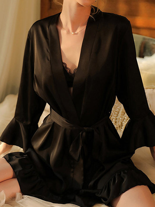 Loose Falbala Ribbed Solid Color V-Neck Intimates&Pajamas Robes