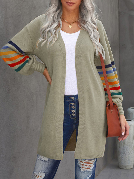 Long Sleeves Loose Colorful Contrast Color Striped Collarless Cardigan Tops