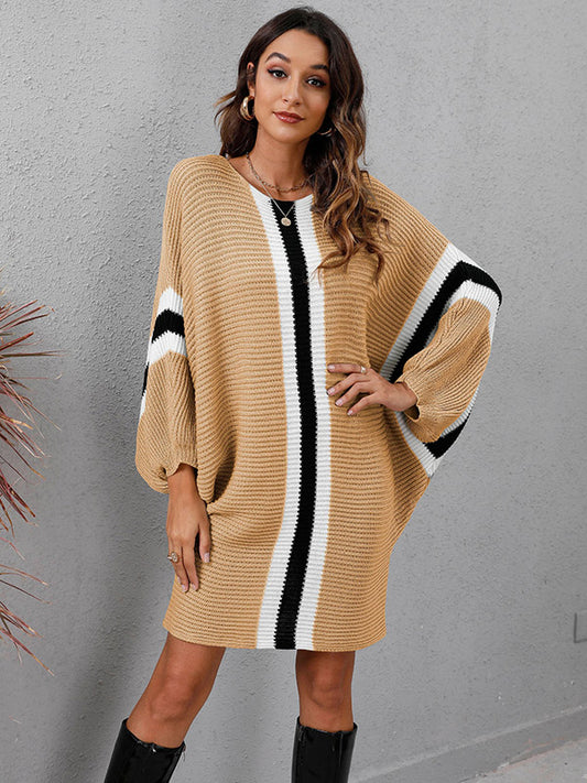 Original Loose 4 Colors Striped Round-Neck Batwing Long Sleeves Sweater Dress