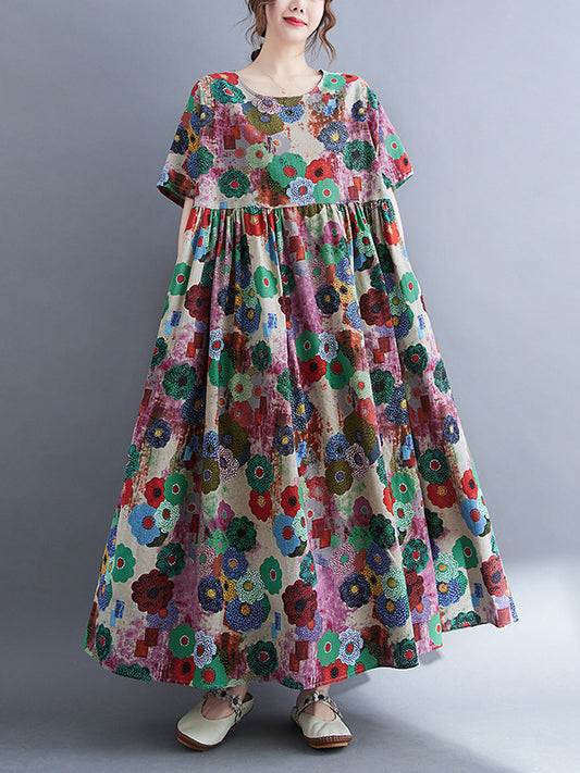 Vintage Loose Multi-Colored Floral Printed Midi Dress