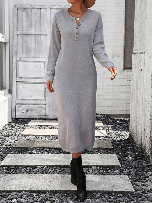 Long Sleeves Loose Buttoned Split-Joint Round-Neck Midi Dresses Sweater Dresses