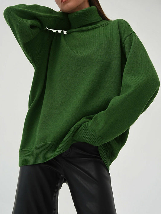 High-Low Long Sleeves Solid Color Split-Joint High Neck Sweater Tops